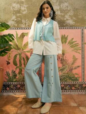 Sky blue solid pure cotton stitched layered shirt top with wide-leg trousers co-ord set 1