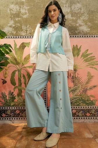 Sky blue solid pure cotton stitched layered shirt top with wide-leg trousers co-ord set