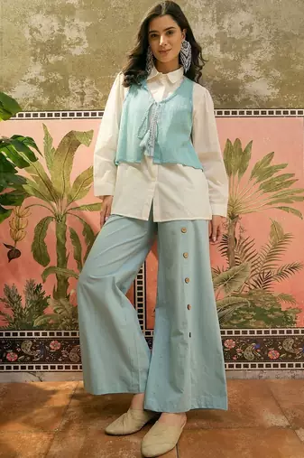Sky blue solid pure cotton stitched layered shirt top with wide-leg trousers co-ord set