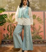 Sky blue solid pure cotton stitched layered shirt top with wide-leg trousers co-ord set