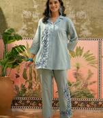 Light blue floral embroidered cotton stitched lapel collar tunic with trousers co-ord set
