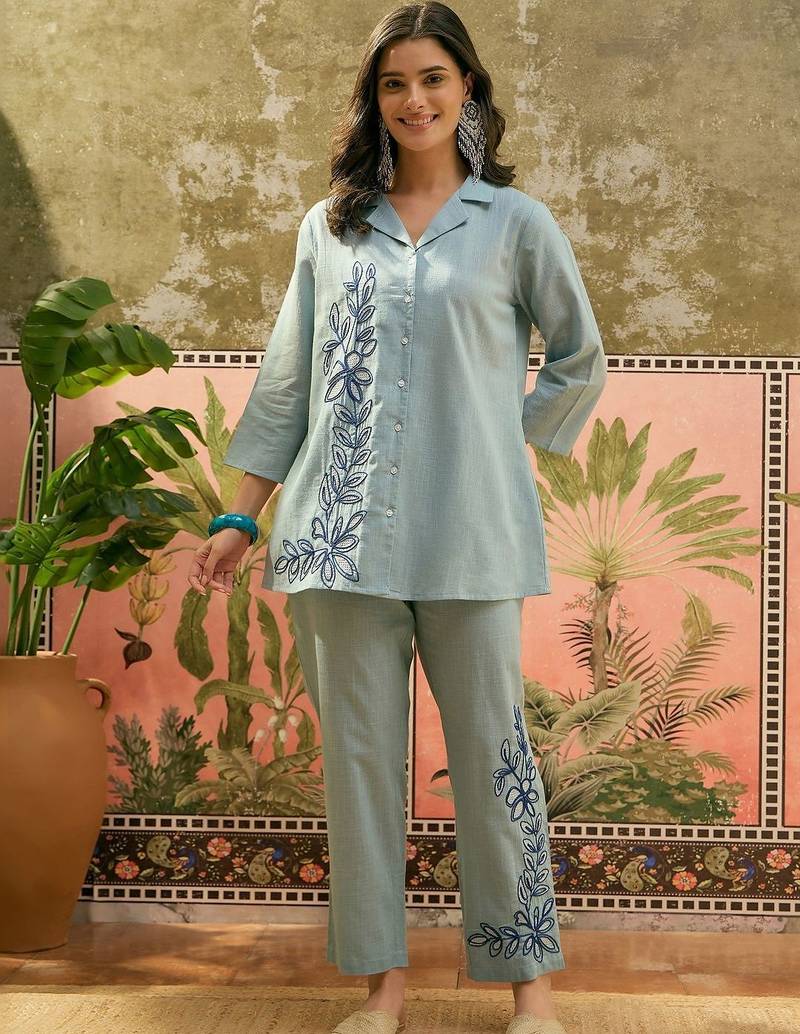 Light blue floral embroidered cotton stitched lapel collar tunic with trousers co-ord set