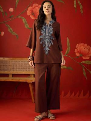 Brown embroidered cotton stitched v-neck tunic with trousers co-ord set 4