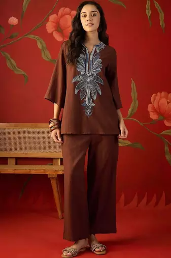 Brown embroidered cotton stitched v-neck tunic with trousers co-ord set