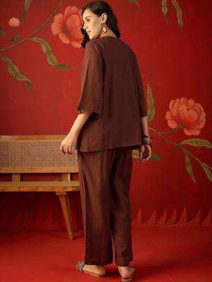 Brown embroidered cotton stitched v-neck tunic with trousers co-ord set 5