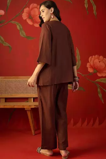 Brown embroidered cotton stitched v-neck tunic with trousers co-ord set