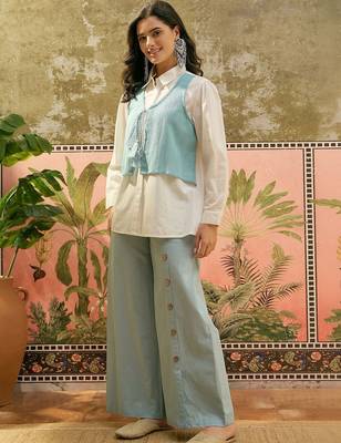 Sky blue solid pure cotton stitched layered shirt top with wide-leg trousers co-ord set 2