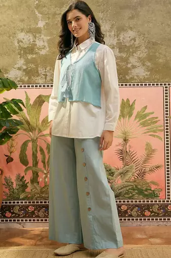 Sky blue solid pure cotton stitched layered shirt top with wide-leg trousers co-ord set