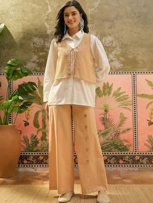 Beige solid cotton stitched layered shirt top with wide-leg trousers co-ord set 1