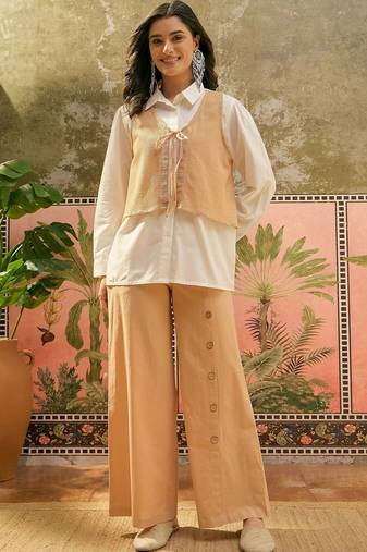 Beige solid cotton stitched layered shirt top with wide-leg trousers co-ord set