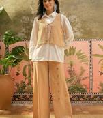 Beige solid cotton stitched layered shirt top with wide-leg trousers co-ord set