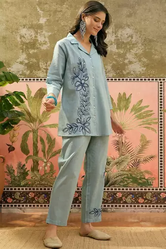 Light blue floral embroidered cotton stitched lapel collar tunic with trousers co-ord set