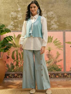 Sky blue solid pure cotton stitched layered shirt top with wide-leg trousers co-ord set 3