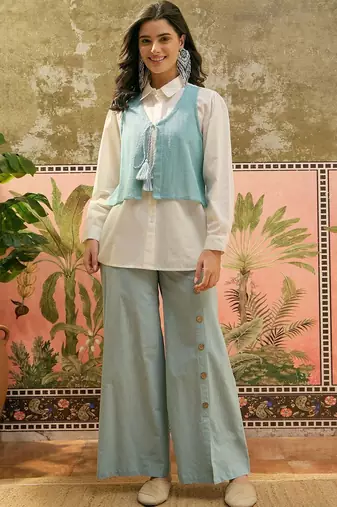 Sky blue solid pure cotton stitched layered shirt top with wide-leg trousers co-ord set