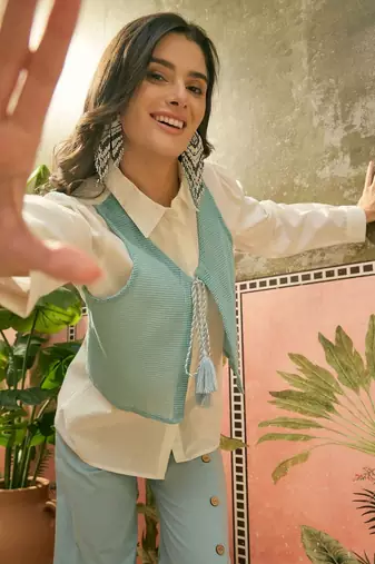Sky blue solid pure cotton stitched layered shirt top with wide-leg trousers co-ord set