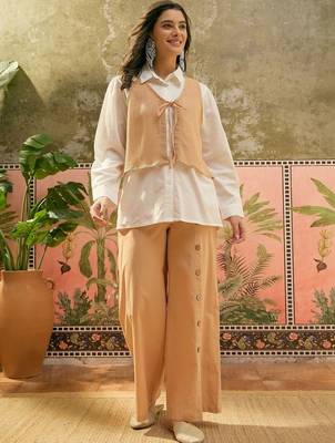 Beige solid cotton stitched layered shirt top with wide-leg trousers co-ord set 2