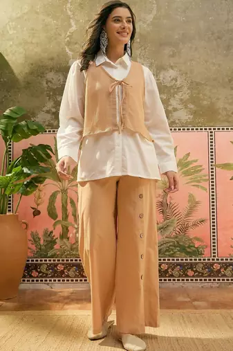 Beige solid cotton stitched layered shirt top with wide-leg trousers co-ord set