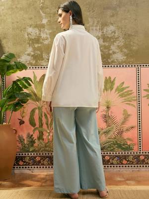 Sky blue solid pure cotton stitched layered shirt top with wide-leg trousers co-ord set 5