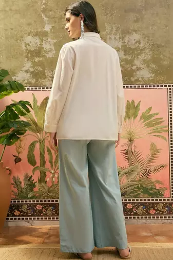 Sky blue solid pure cotton stitched layered shirt top with wide-leg trousers co-ord set
