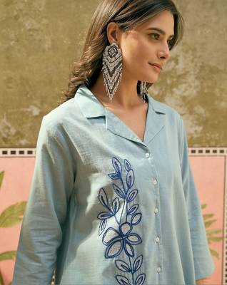 Light blue floral embroidered cotton stitched lapel collar tunic with trousers co-ord set 3