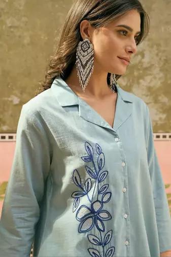 Light blue floral embroidered cotton stitched lapel collar tunic with trousers co-ord set