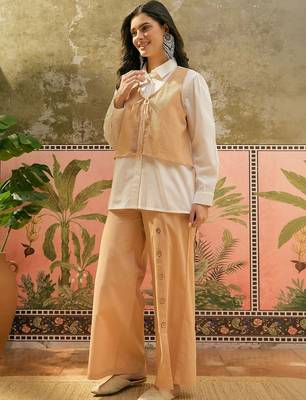 Beige solid cotton stitched layered shirt top with wide-leg trousers co-ord set 3