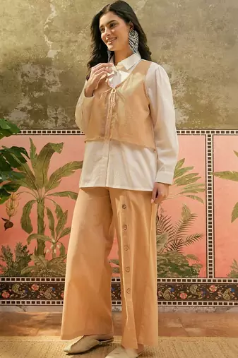 Beige solid cotton stitched layered shirt top with wide-leg trousers co-ord set