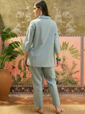 Light blue floral embroidered cotton stitched lapel collar tunic with trousers co-ord set 4