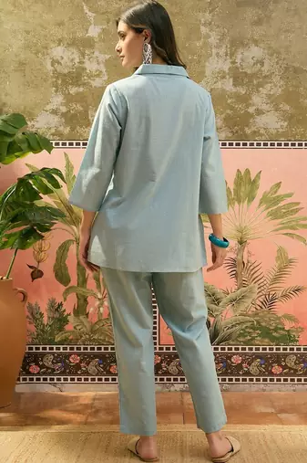 Light blue floral embroidered cotton stitched lapel collar tunic with trousers co-ord set