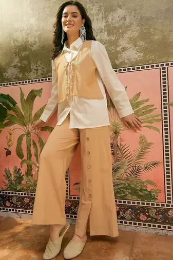 Beige solid cotton stitched layered shirt top with wide-leg trousers co-ord set