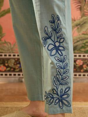 Light blue floral embroidered cotton stitched lapel collar tunic with trousers co-ord set 5