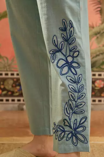 Light blue floral embroidered cotton stitched lapel collar tunic with trousers co-ord set