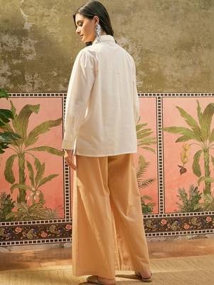 Beige solid cotton stitched layered shirt top with wide-leg trousers co-ord set 5