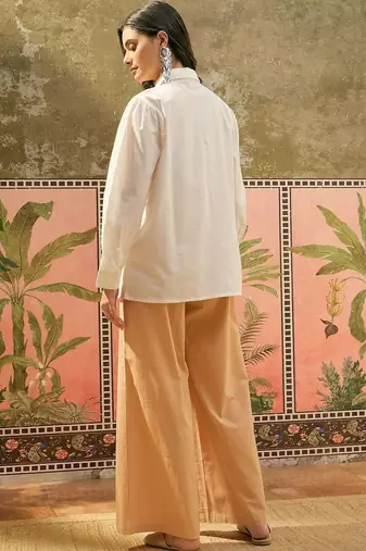 Beige solid cotton stitched layered shirt top with wide-leg trousers co-ord set