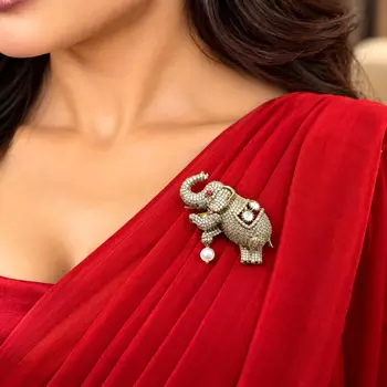 Crystal Elephant Saree Brooch, Pearl Dangle 1