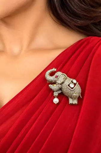 Crystal Elephant Saree Brooch, Pearl Dangle