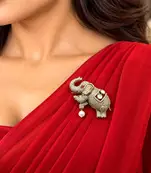 Crystal Elephant Saree Brooch, Pearl Dangle