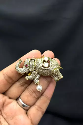 Crystal Elephant Saree Brooch, Pearl Dangle