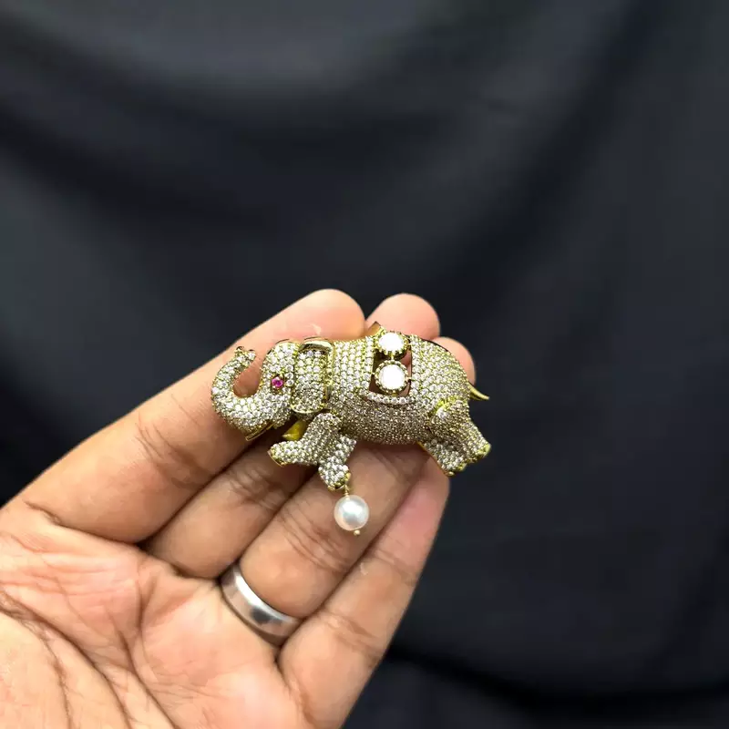Crystal Elephant Saree Brooch, Pearl Dangle