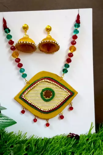 Yellow crystal bead fabric neckset
