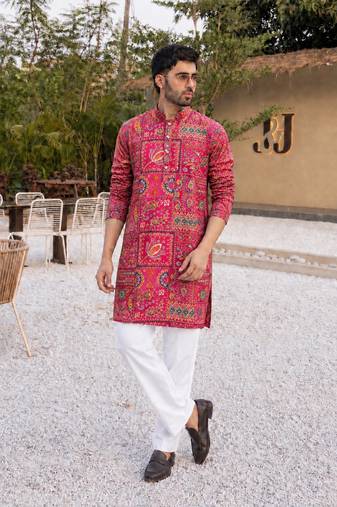 Multicolor CREPE SILK POSINOAL WORK MEN KURTA AND PAYJAMA