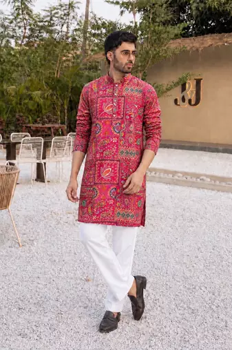 Multicolor CREPE SILK POSINOAL WORK MEN KURTA AND PAYJAMA