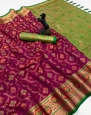 magenta floral woven design patola saree with blouse 1