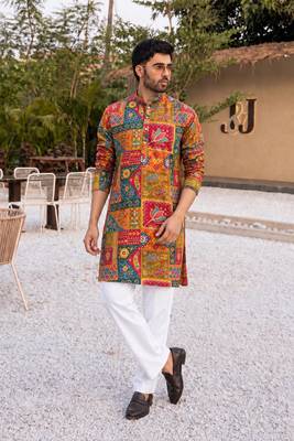 MULTI COLOR CREPE SILK PARTY WEAR POSITION PRINT KURTA AND PAYJAMA 1