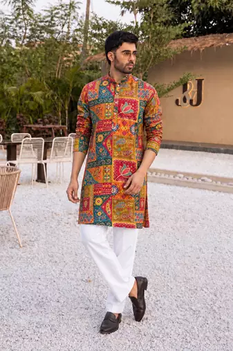 MULTI COLOR CREPE SILK PARTY WEAR POSITION PRINT KURTA AND PAYJAMA