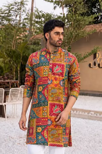 MULTI COLOR CREPE SILK PARTY WEAR POSITION PRINT KURTA AND PAYJAMA