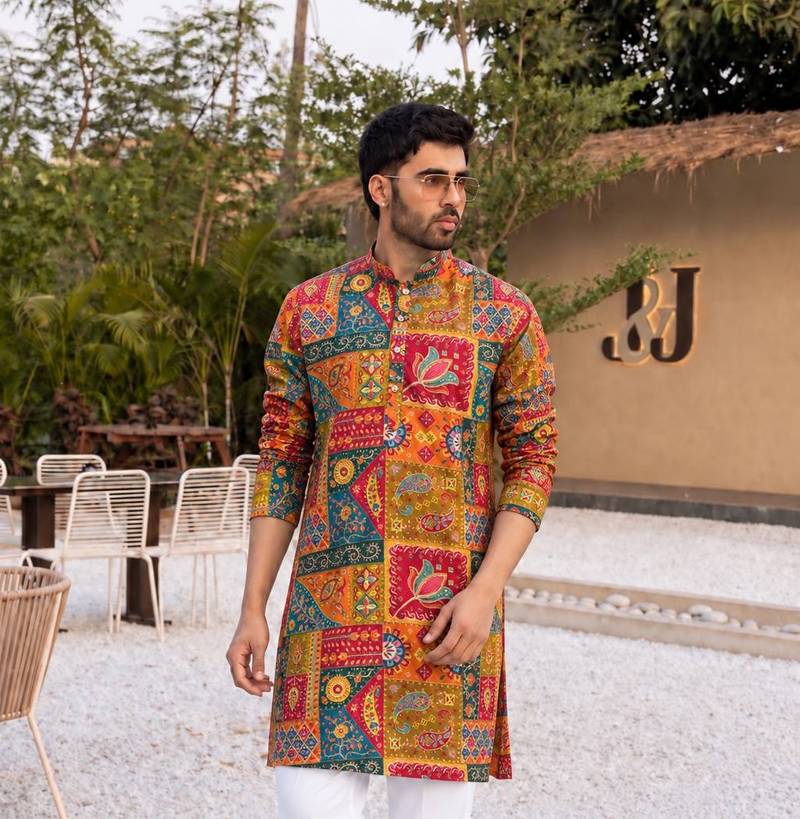 MULTI COLOR CREPE SILK PARTY WEAR POSITION PRINT KURTA AND PAYJAMA