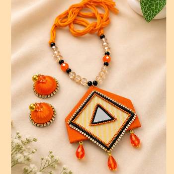 Orange crystal bead fabric neckset 1