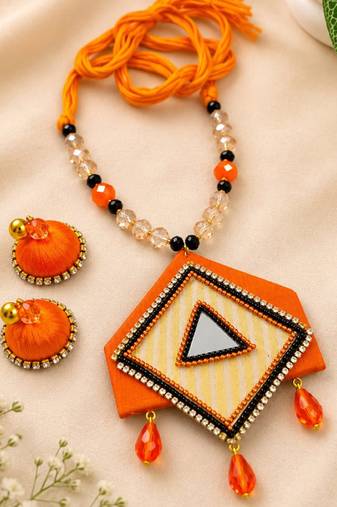 Orange crystal bead fabric neckset