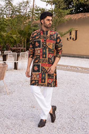 BLACK CREPE SILK PARTY WEAR POSITION PRINT KURTA AND PAYJAMA